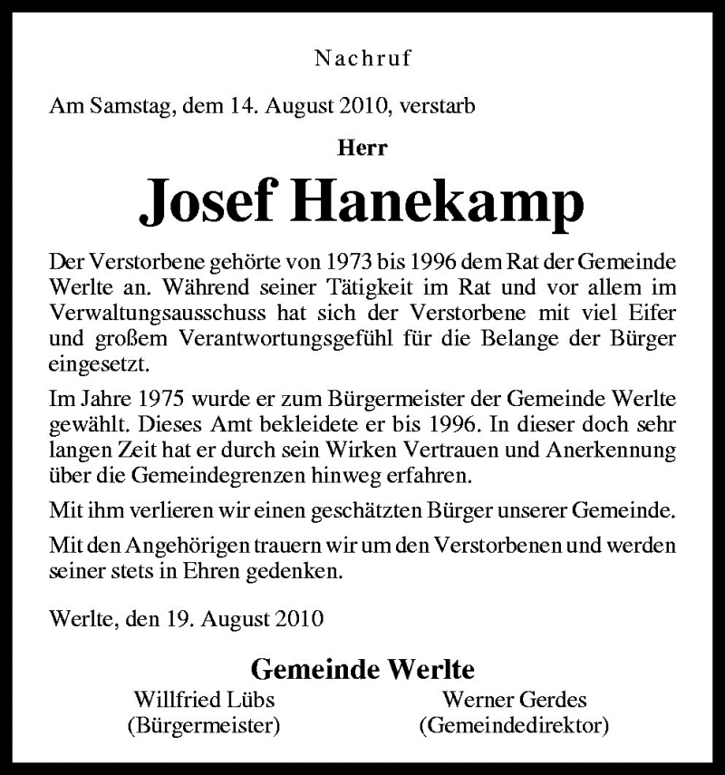  Traueranzeige für Josef Hanekamp vom 18.08.2010 aus Neue Osnabrücker Zeitung GmbH & Co. KG