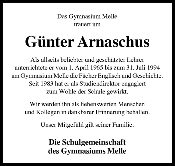 Traueranzeige von Günter Arnaschus von Neue Osnabrücker Zeitung GmbH & Co. KG