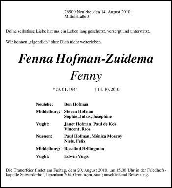 Traueranzeige von Fenna Hofman-Zuidema von Neue Osnabrücker Zeitung GmbH & Co. KG