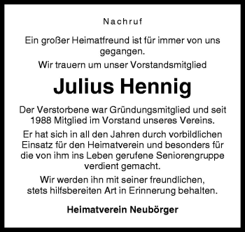 Traueranzeige von Julius Hennig von Neue Osnabrücker Zeitung GmbH & Co. KG