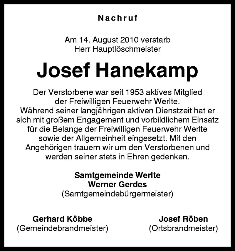  Traueranzeige für Josef Hanekamp vom 18.08.2010 aus Neue Osnabrücker Zeitung GmbH & Co. KG