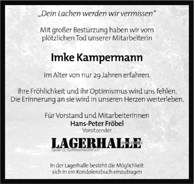  Traueranzeige für Imke Kampermann vom 20.08.2010 aus Neue Osnabrücker Zeitung GmbH & Co. KG