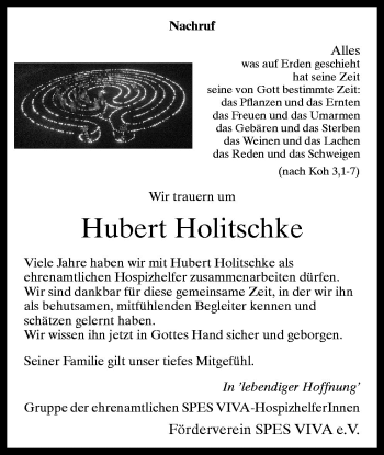 Traueranzeige von Hubert Holitschke von Neue Osnabrücker Zeitung GmbH & Co. KG