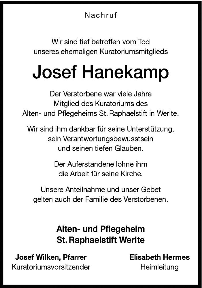  Traueranzeige für Josef Hanekamp vom 20.08.2010 aus Neue Osnabrücker Zeitung GmbH & Co. KG