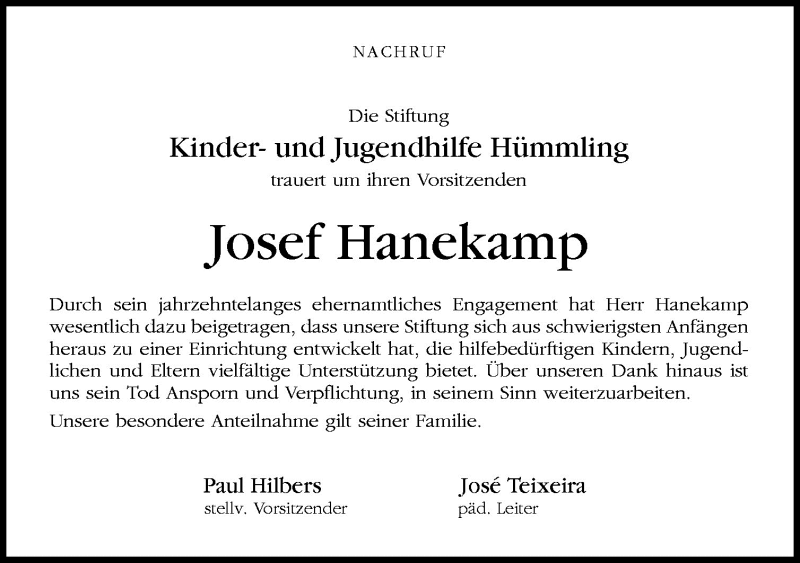  Traueranzeige für Josef Hanekamp vom 19.08.2010 aus Neue Osnabrücker Zeitung GmbH & Co. KG