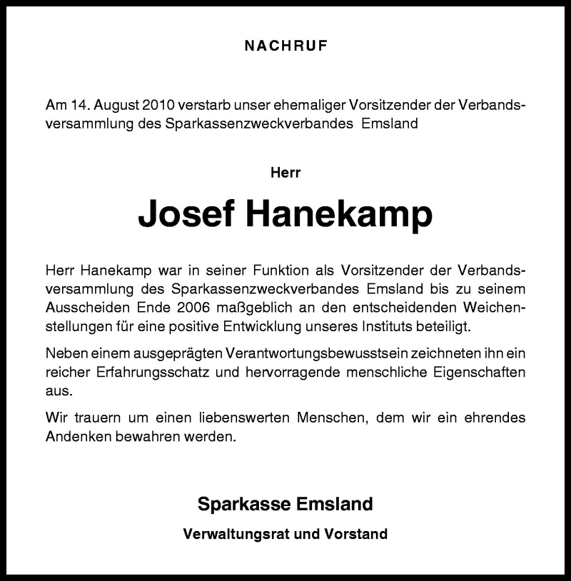  Traueranzeige für Josef Hanekamp vom 20.08.2010 aus Neue Osnabrücker Zeitung GmbH & Co. KG