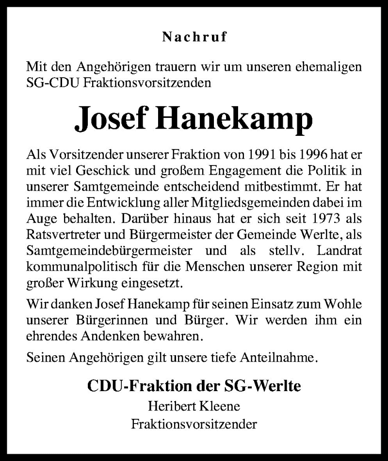  Traueranzeige für Josef Hanekamp vom 19.08.2010 aus Neue Osnabrücker Zeitung GmbH & Co. KG