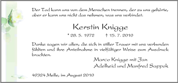 Traueranzeige von Kerstin Knigge von Neue Osnabrücker Zeitung GmbH & Co. KG