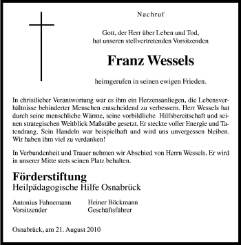 Traueranzeige von Franz Wessels von Neue Osnabrücker Zeitung GmbH & Co. KG