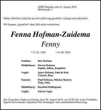 Traueranzeige von Fenna Hofmann-Zuidema von Neue Osnabrücker Zeitung GmbH & Co. KG