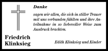 Traueranzeige von Friedrich Klinksieg von Neue Osnabrücker Zeitung GmbH & Co. KG