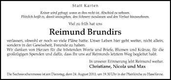 Traueranzeige von Reimund Brundirs von Neue Osnabrücker Zeitung GmbH & Co. KG