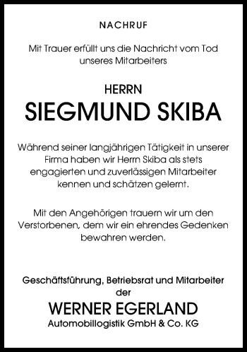 Traueranzeige von Skiba Sigmund von Neue Osnabrücker Zeitung GmbH & Co. KG