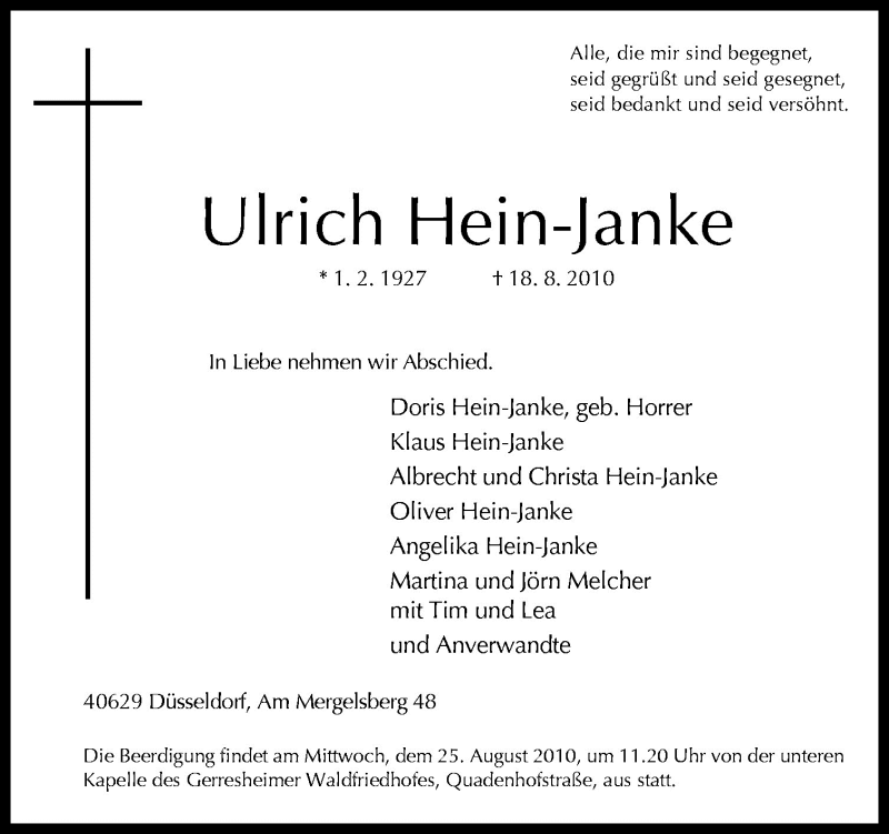  Traueranzeige für Ulrich Hein-Janke vom 21.08.2010 aus Neue Osnabrücker Zeitung GmbH & Co. KG