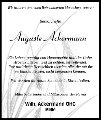 Traueranzeige von Auguste Ackermann von Neue Osnabrücker Zeitung GmbH & Co. KG