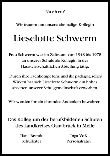 Traueranzeige von Lieselotte Schwerm von Neue Osnabrücker Zeitung GmbH & Co. KG