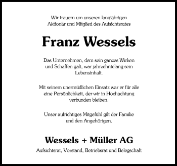 Traueranzeige von Franz Wessels von Neue Osnabrücker Zeitung GmbH & Co. KG