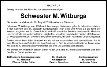 Traueranzeige von M. Wittburga von Neue Osnabrücker Zeitung GmbH & Co. KG
