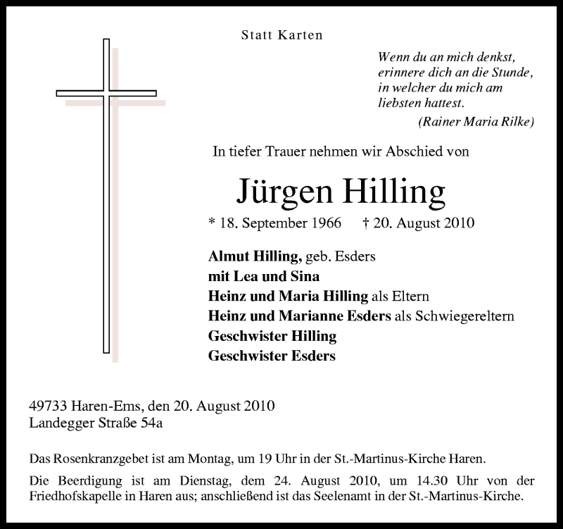  Traueranzeige für Jürgen Hilling vom 23.08.2010 aus Neue Osnabrücker Zeitung GmbH & Co. KG