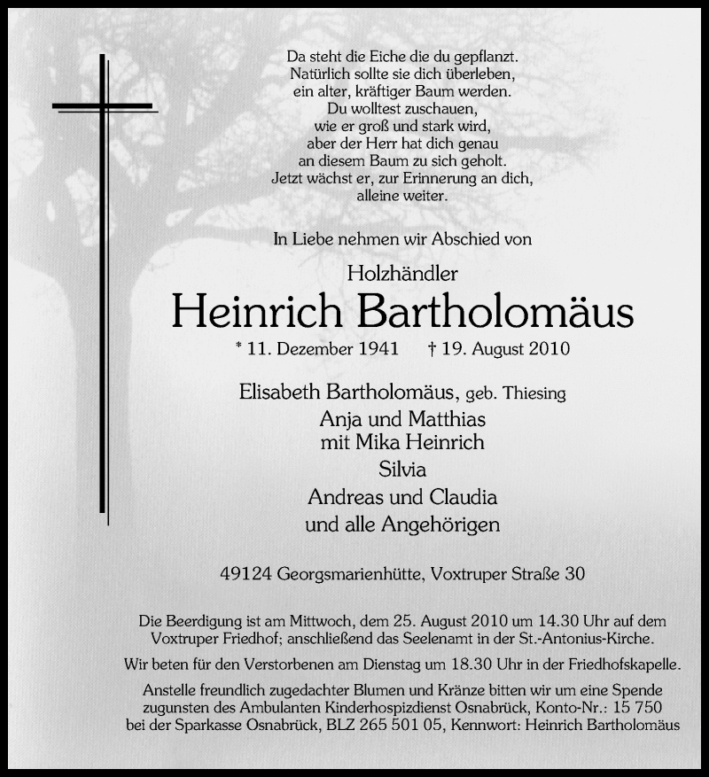  Traueranzeige für Heinrich Bartholomäus vom 23.08.2010 aus Neue Osnabrücker Zeitung GmbH & Co. KG
