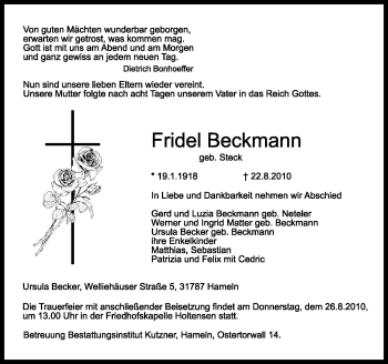 Traueranzeige von Fridel Beckmann von Neue Osnabrücker Zeitung GmbH & Co. KG