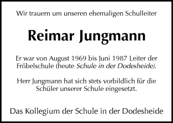 Traueranzeige von Reimar Jungmann von Neue Osnabrücker Zeitung GmbH & Co. KG