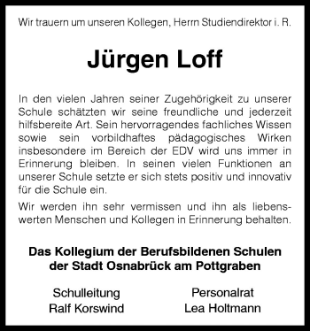 Traueranzeige von Jürgen Loff von Neue Osnabrücker Zeitung GmbH & Co. KG