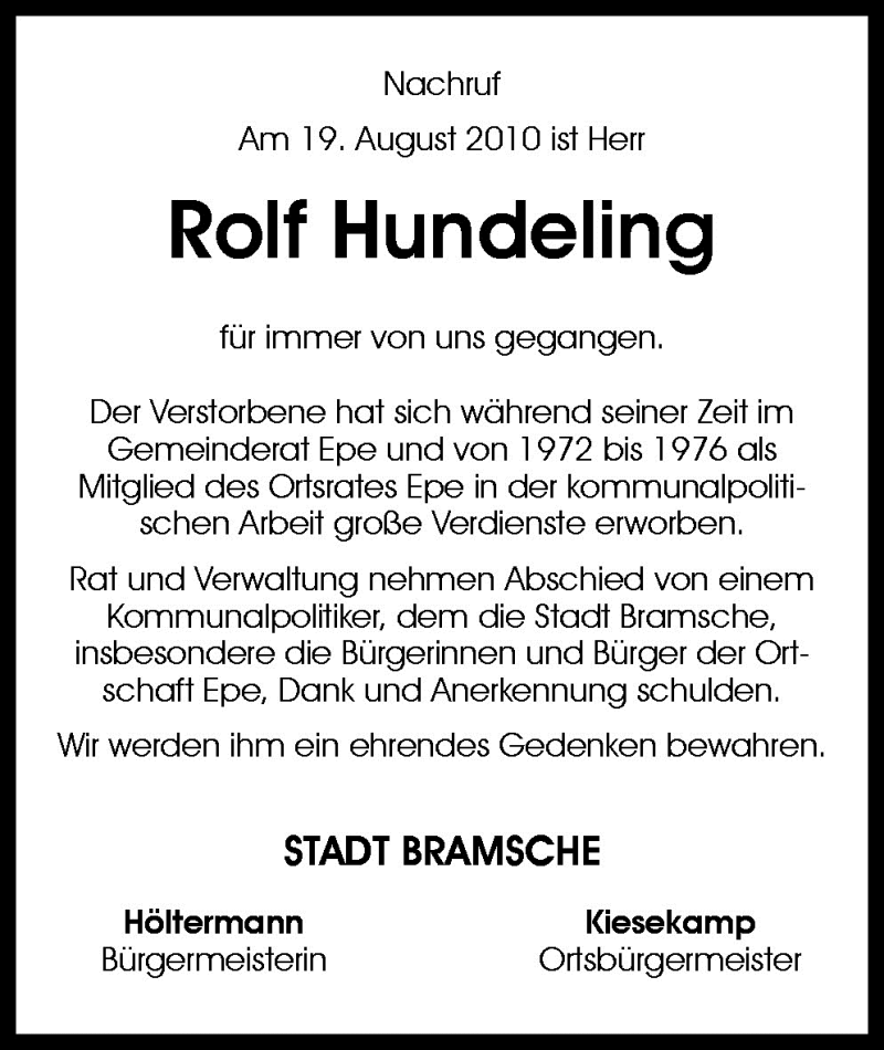  Traueranzeige für Rolf Hundeling vom 25.08.2010 aus Neue Osnabrücker Zeitung GmbH & Co. KG