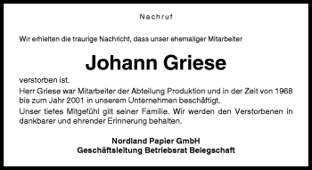 Traueranzeige von Johann Griese von Neue Osnabrücker Zeitung GmbH & Co. KG