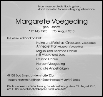 Traueranzeige von Margarete Voegeding von Neue Osnabrücker Zeitung GmbH & Co. KG