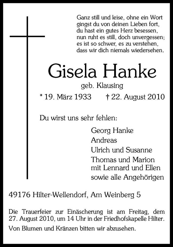  Traueranzeige für Gisela Hanke vom 25.08.2010 aus Neue Osnabrücker Zeitung GmbH & Co. KG