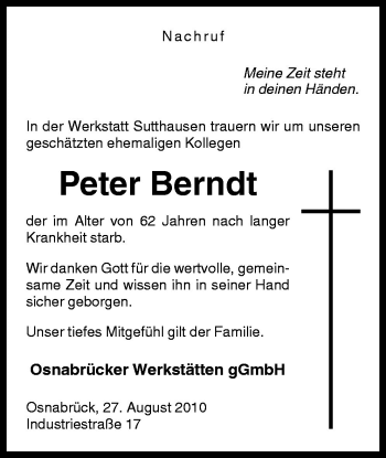Traueranzeige von Peter Berndt von Neue Osnabrücker Zeitung GmbH & Co. KG