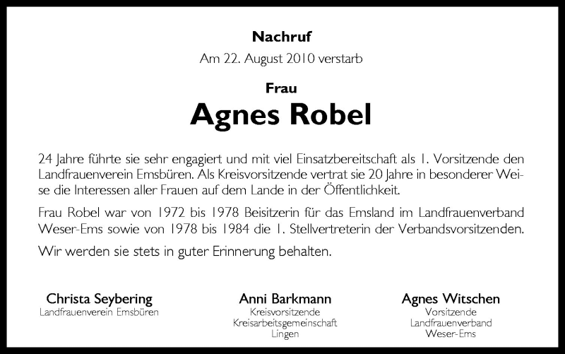  Traueranzeige für Agnes Robel vom 26.08.2010 aus Neue Osnabrücker Zeitung GmbH & Co. KG