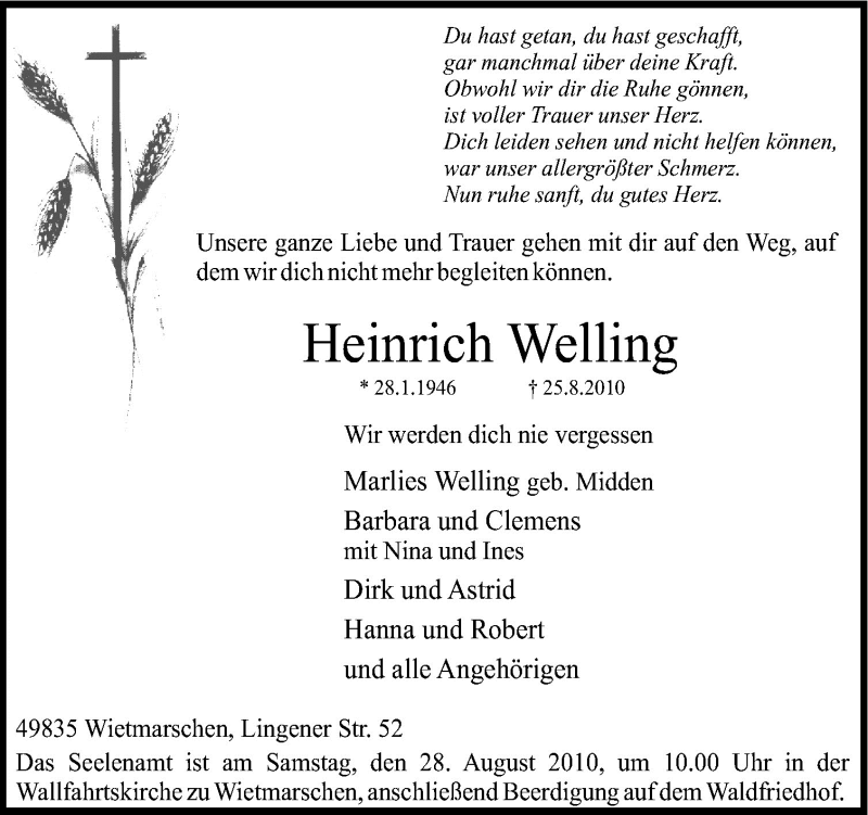  Traueranzeige für Heinrich Welling vom 27.08.2010 aus Neue Osnabrücker Zeitung GmbH & Co. KG