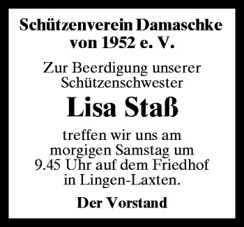 Traueranzeige von Lisa Staß von Neue Osnabrücker Zeitung GmbH & Co. KG