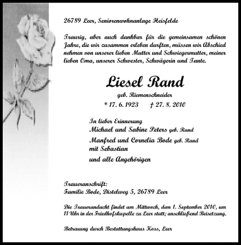 Traueranzeige von Liesel Rand von Neue Osnabrücker Zeitung GmbH & Co. KG