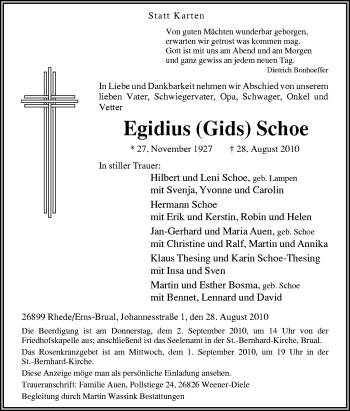 Traueranzeige von Egidius Schoe von Neue Osnabrücker Zeitung GmbH & Co. KG