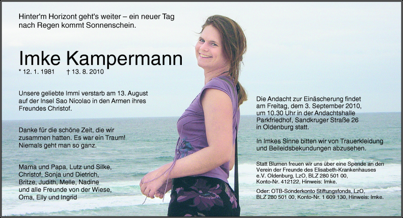  Traueranzeige für Imke Kampermann vom 28.08.2010 aus Neue Osnabrücker Zeitung GmbH & Co. KG