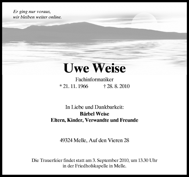  Traueranzeige für Uwe Weise vom 31.08.2010 aus Neue Osnabrücker Zeitung GmbH & Co. KG