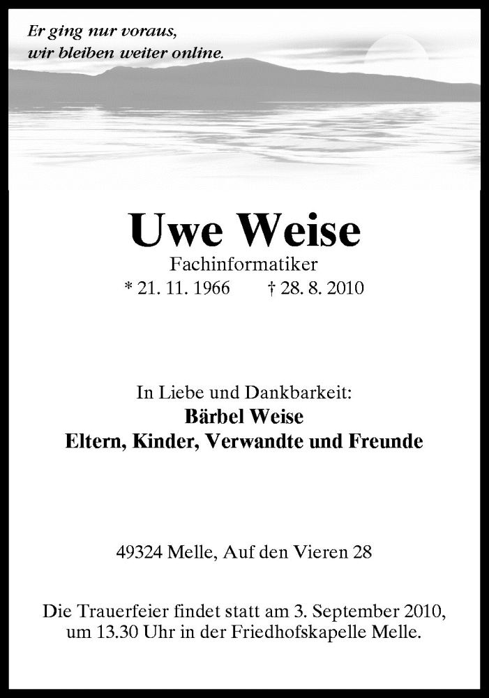  Traueranzeige für Uwe Weise vom 31.08.2010 aus Neue Osnabrücker Zeitung GmbH & Co. KG