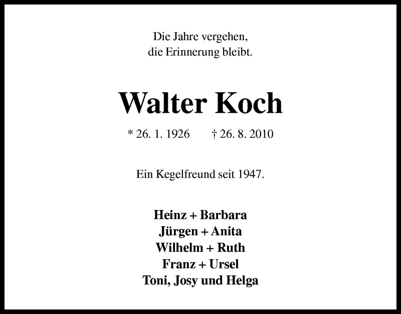  Traueranzeige für Walter Koch vom 31.08.2010 aus Neue Osnabrücker Zeitung GmbH & Co. KG