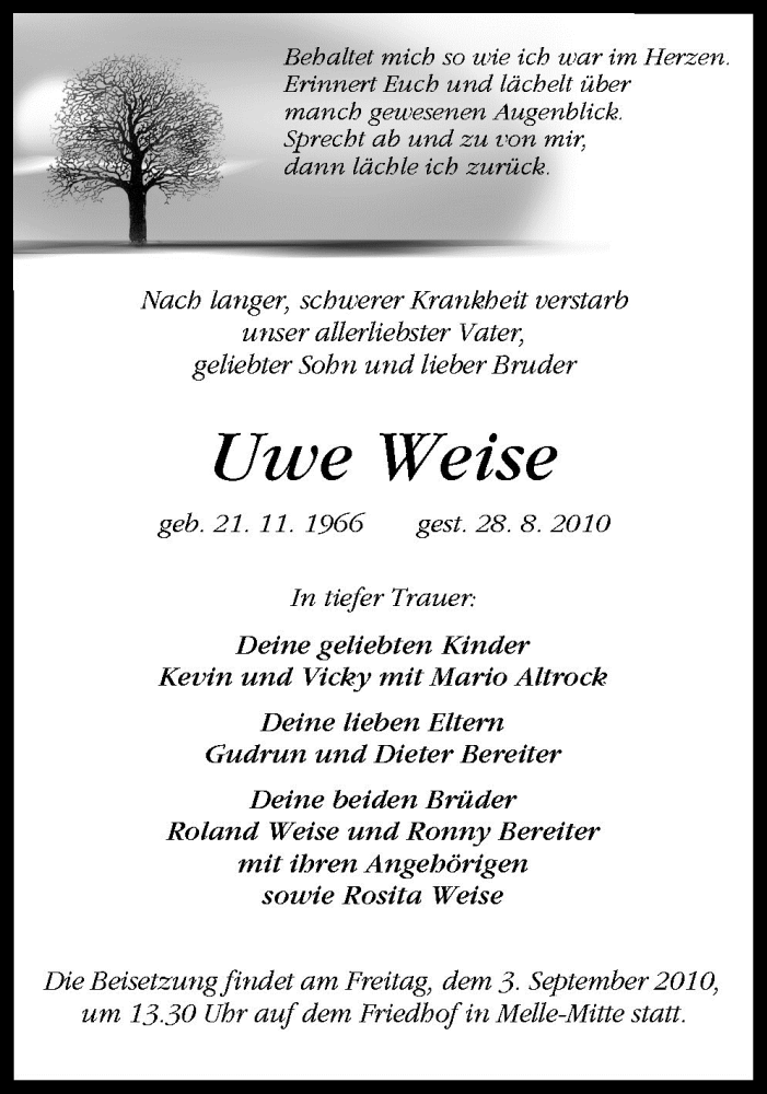  Traueranzeige für Uwe Weise vom 02.09.2010 aus Neue Osnabrücker Zeitung GmbH & Co. KG