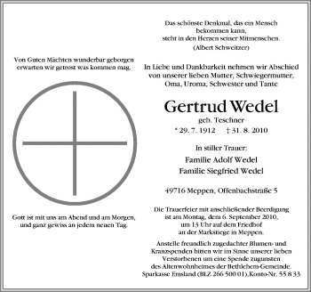 Traueranzeige von Gertrud Wedel von Neue Osnabrücker Zeitung GmbH & Co. KG