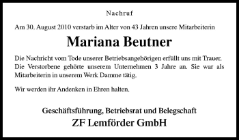 Traueranzeige von Mariana Beutner von Neue Osnabrücker Zeitung GmbH & Co. KG