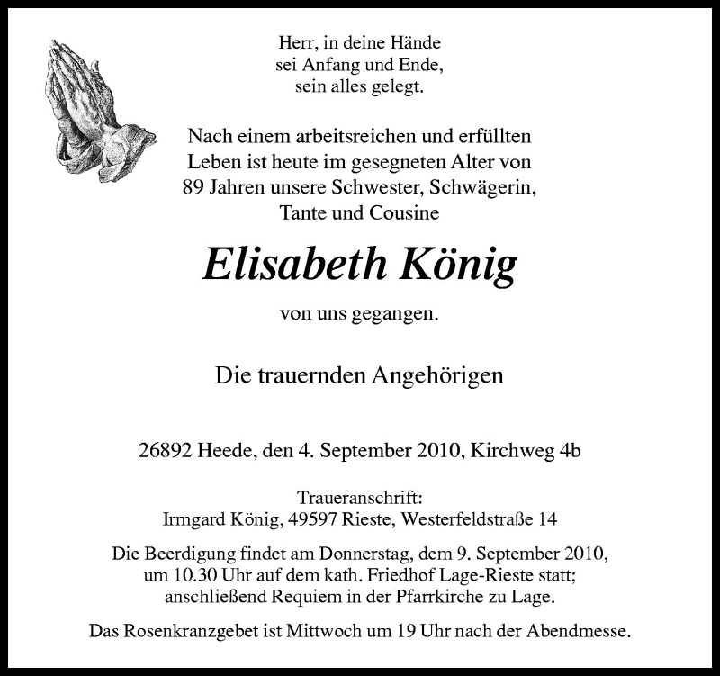 Traueranzeigen von Elisabeth König | noz Trauerportal