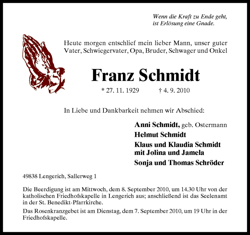  Traueranzeige für Franz Schmidt vom 06.09.2010 aus Neue Osnabrücker Zeitung GmbH & Co. KG