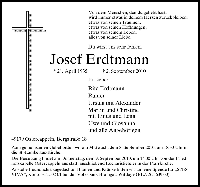  Traueranzeige für Josef Erdtmann vom 07.09.2010 aus Neue Osnabrücker Zeitung GmbH & Co. KG