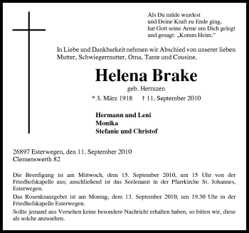 Traueranzeige von Helena Brake von Neue Osnabrücker Zeitung GmbH & Co. KG