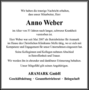 Traueranzeige von Anno Weber von Neue Osnabrücker Zeitung GmbH & Co. KG