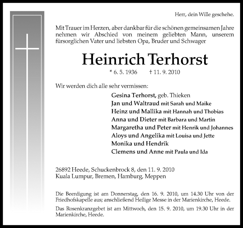  Traueranzeige für Heinrich Terhorst vom 14.09.2010 aus Neue Osnabrücker Zeitung GmbH & Co. KG